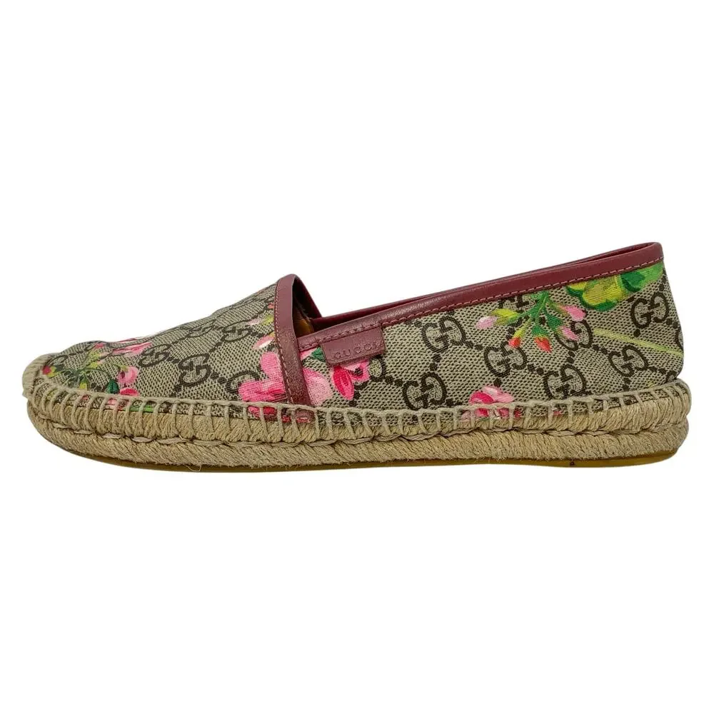 Gucci Bloom GG Supreme Monogram Canvas Pink Floral Print Espadrille Flats 37.5